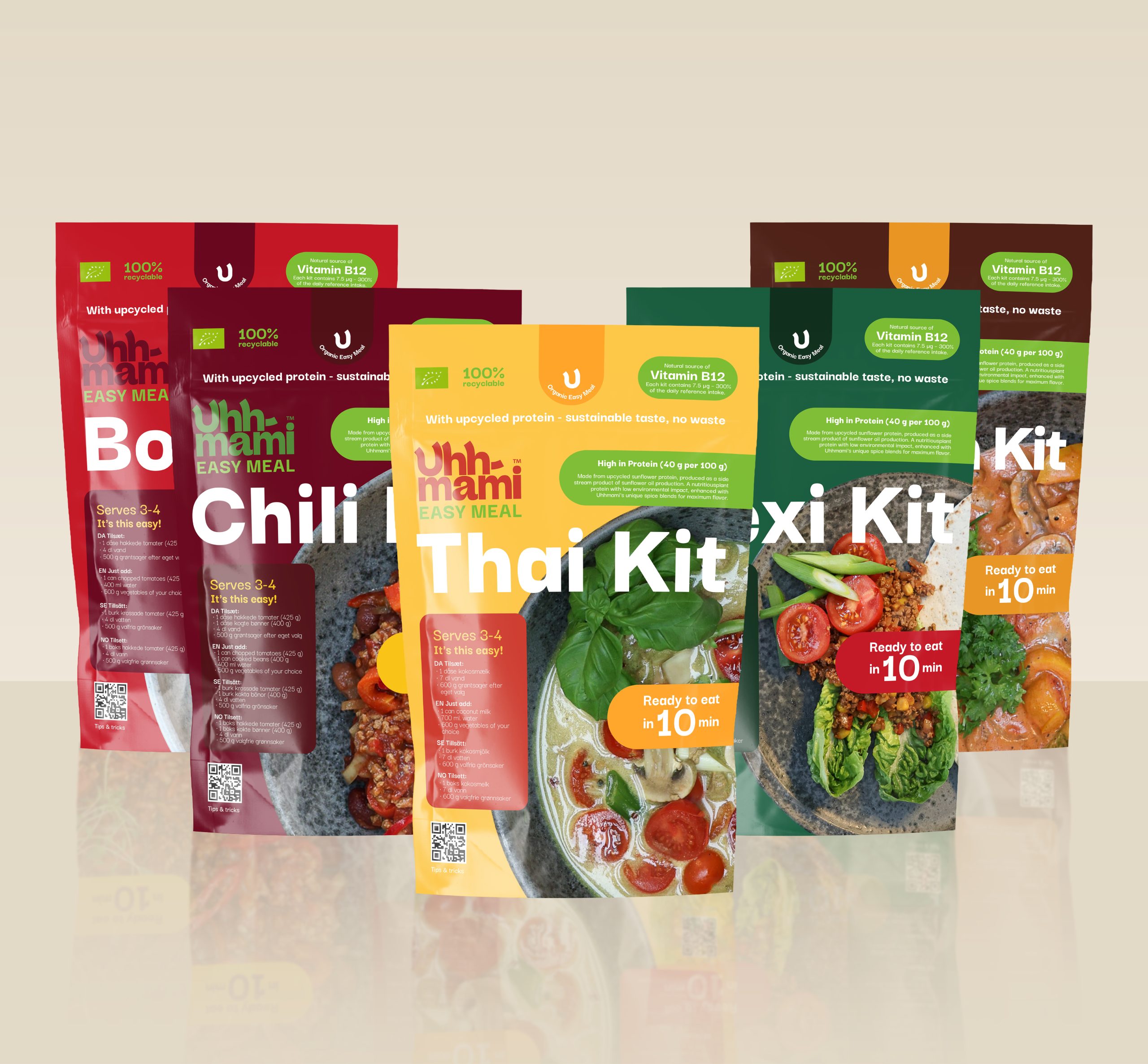 Colorful packaging for Uhmmami Easy Meal kits displayed, featuring options like Thai, Bolo, Mexi, Goulash and Chili. Labels highlight quick preparation and sustainability.
