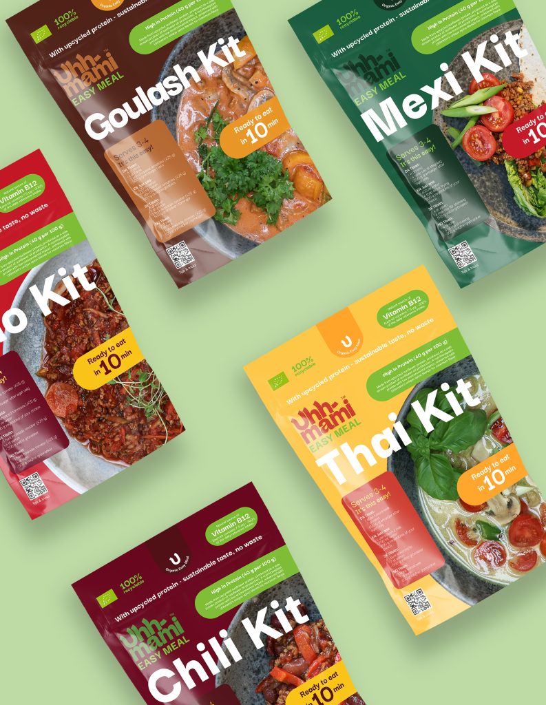 Five meal kits displayed on a light green background. Each kit, labeled with "Easy Meal," features bold colors and images of various dishes, such as goulash, chili, bolo, mexi and thai. The packages highlight quick preparation, "Ready to eat in 10 minutes," and emphasize healthy ingredients. The tone is vibrant and appetizing.