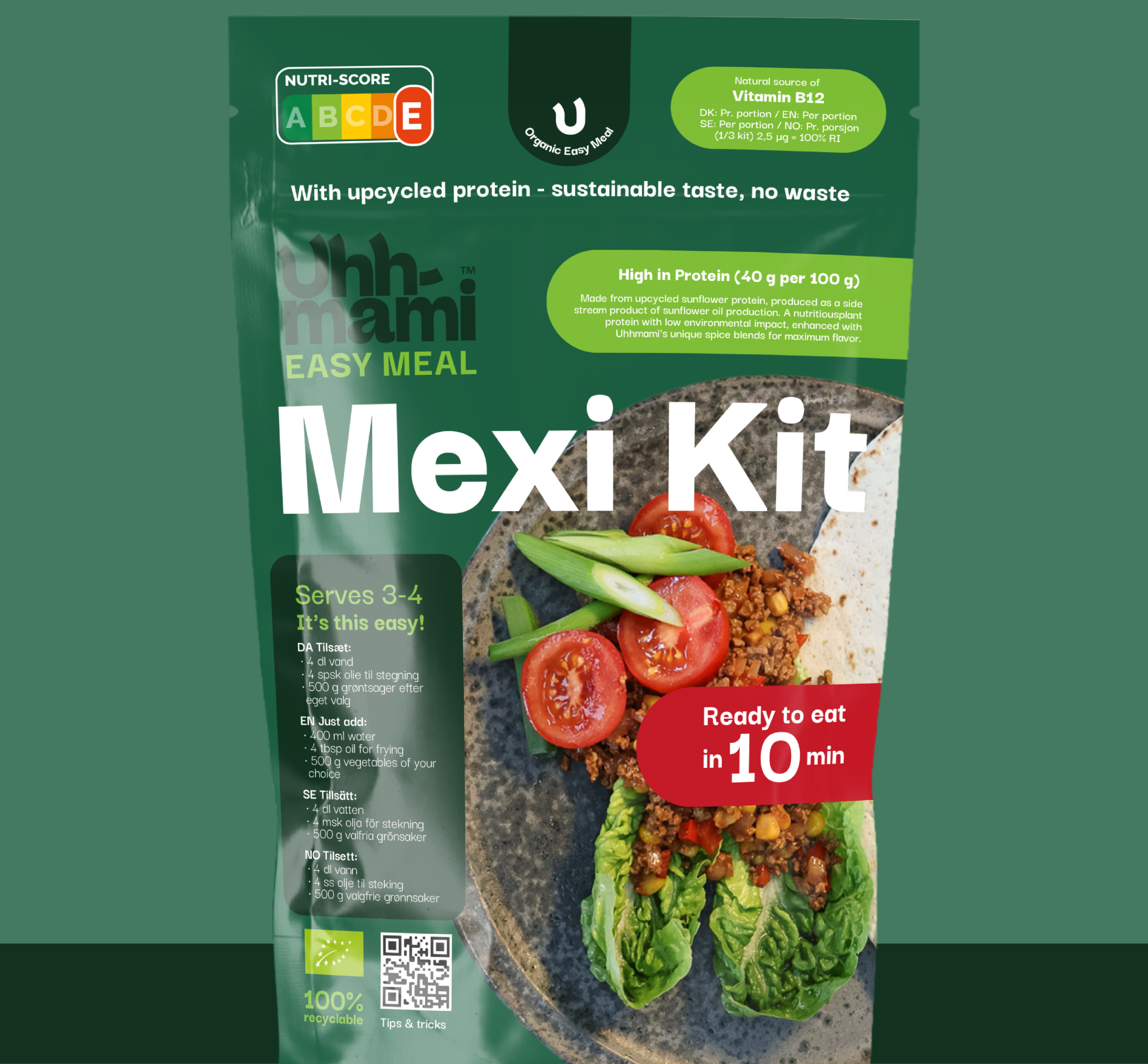 Emballage vert d'un kit Mexi biologique avec un bol de bolognaise, une garniture de persil et un texte soulignant la teneur en protéines et la durabilité.